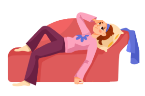 cartoon lady lying on sofa exhausted
